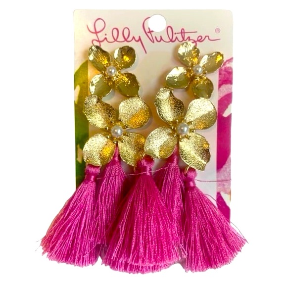 LILLY PULITZER Earrings Via Flora Tassel Roxie Pink Gold Pearl Embellishment NWT - Picture 3 of 5